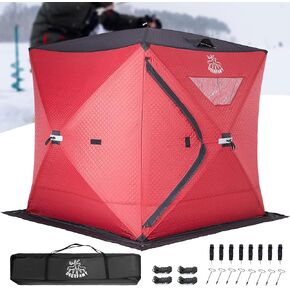 DEERFAMY 3-Layer Ice Fishing Shelter قطن مملوء، 3/4/5/6/7/8 شخص خيمة صيد الجليد، خيمة معزولة من الأكواخ الثلجية مع حقيبة حمل، مراسي ثلج، أحمر/أزرق in Kuwait