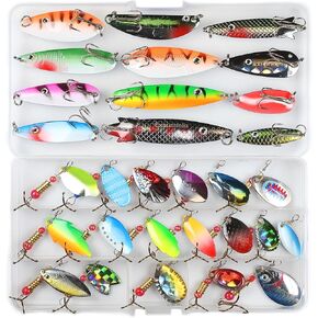 EXAURAFELIS 10/30pcs Fishing Lure Spinnerbait with Feathered Treble Hooks Rooster Tail Fishing Lures Spoon Lures for Bass Salmon Trout Spinner Baits with Tackle Box in Kuwait
