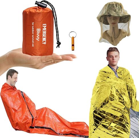 Emergency Sleeping Bags Thermal Blankets Mosquito Head Net Mesh Set 3 Pack, Survival Bivy Sack Survival Gear for Hiking, Camping, First Aid Kits, Outdoor Survival Gear in Kuwait
