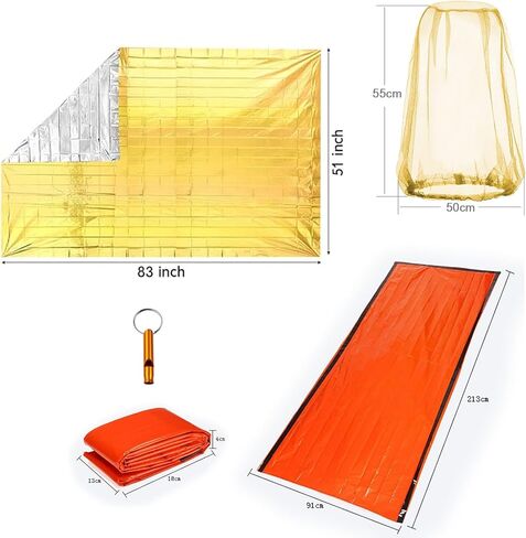 Emergency Sleeping Bags Thermal Blankets Mosquito Head Net Mesh Set 3 Pack, Survival Bivy Sack Survival Gear for Hiking, Camping, First Aid Kits, Outdoor Survival Gear in Kuwait