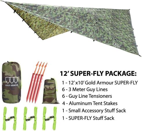 Gold Armour Rainfly Tarp Hammock, Premium 14.7ft/12ft/10ft/8ft Rain Fly Cover, Waterproof Ultralight Camping Shelter Canopy, Survival Equipment Gear Camping Tent Accessories (OD Green 12ft x 10ft) in Kuwait