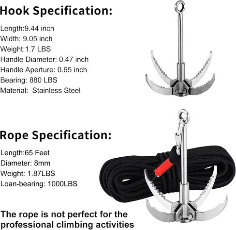 Ant Mag Grappling Hook Stainless Steel Claw Carabiner, 8mm 65ft Black Rope | Auxiliary Rope for Camping, Hiking, Tree Grabbing, Water Lifting, Salvage, Heavy Duty Outdoor Rescue Gear in Kuwait