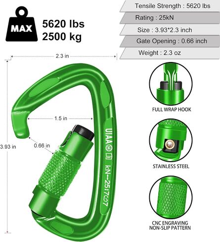 AINIKEY Climbing Carabiner Clips 25kN Auto Locking Carabiner, Professional Heavy Duty Large Locking Carabiner Clips for Rock/Ice Climbing Rappelling Rescue Swing etc, D Shaped, Large Size（Green-5PCS） in Saudi Arabia