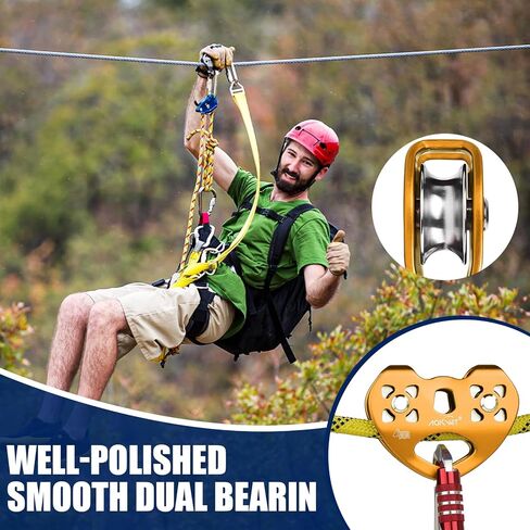AOKWIT Zipline Pulley 25kn Aluminum Stainless Steel Roller Double Tandem Dual Trolley Ropes 8-13mm Climbing Pulley Cable Rope Heavy Duty for Rescue Hauling Backyard Zipline Rigging Rock Climbing Gear in Kuwait