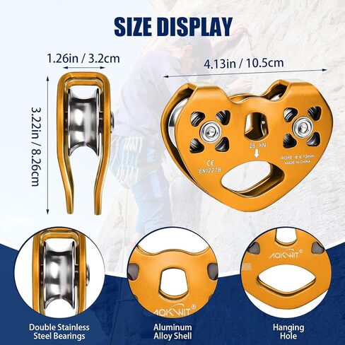 AOKWIT Zipline Pulley 25kn Aluminum Stainless Steel Roller Double Tandem Dual Trolley Ropes 8-13mm Climbing Pulley Cable Rope Heavy Duty for Rescue Hauling Backyard Zipline Rigging Rock Climbing Gear in Kuwait