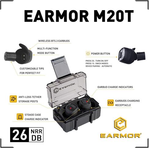 سدادات اذن الكترونية M20T من ايرمور، NRR26 ديسيبل، بلوتوث 5.3، سدادات اذن بخاصية الغاء الضوضاء لحماية السمع في نطاق الرماية ومدى المسدس والصيد in Kuwait