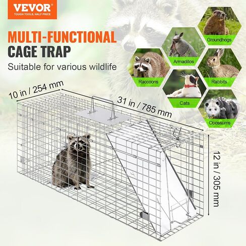 VEVOR Live Animal Cage Trap, 50" x 20" x 26" Humane Cat Trap Galvanized Iron, Folding Animal Trap with Handle for Stray Dogs, Armadillos, Raccoons, Marmots, Foxes in Saudi Arabia