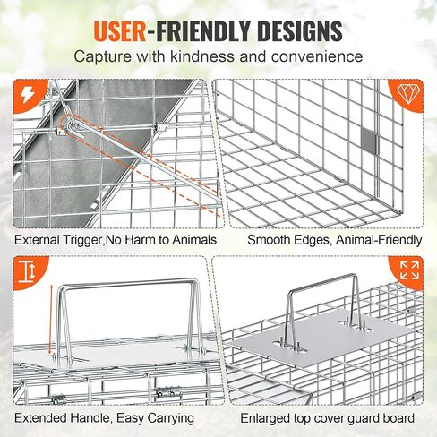 VEVOR Live Animal Cage Trap, 50" x 20" x 26" Humane Cat Trap Galvanized Iron, Folding Animal Trap with Handle for Stray Dogs, Armadillos, Raccoons, Marmots, Foxes in Saudi Arabia
