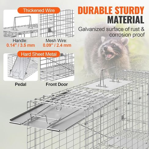 VEVOR Live Animal Cage Trap, 50" x 20" x 26" Humane Cat Trap Galvanized Iron, Folding Animal Trap with Handle for Stray Dogs, Armadillos, Raccoons, Marmots, Foxes in Saudi Arabia