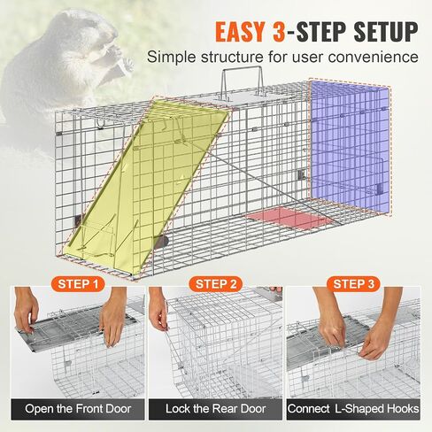 VEVOR Live Animal Cage Trap, 50" x 20" x 26" Humane Cat Trap Galvanized Iron, Folding Animal Trap with Handle for Stray Dogs, Armadillos, Raccoons, Marmots, Foxes in Saudi Arabia