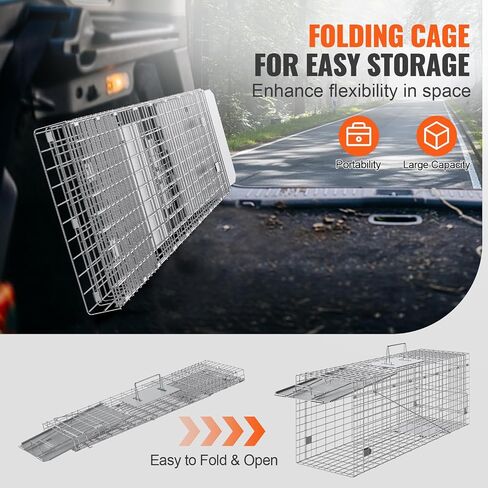 VEVOR Live Animal Cage Trap, 50" x 20" x 26" Humane Cat Trap Galvanized Iron, Folding Animal Trap with Handle for Stray Dogs, Armadillos, Raccoons, Marmots, Foxes in Saudi Arabia