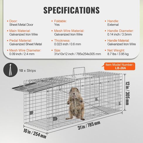 VEVOR Live Animal Cage Trap, 50" x 20" x 26" Humane Cat Trap Galvanized Iron, Folding Animal Trap with Handle for Stray Dogs, Armadillos, Raccoons, Marmots, Foxes in Saudi Arabia