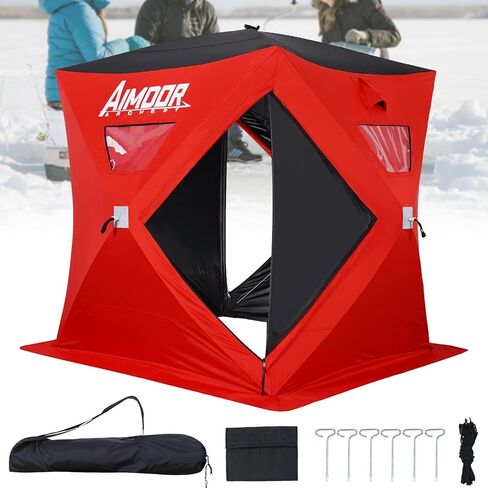 Aimdorarchery 3 to 4 Person Ice Fishing Shelter-Waterproof Oxford Fabric 300D Portable Pop-Up Ice Fishing Angler Hub Shelter Tent with 2 Doors for Outdoor Fishing Tent Lowest Temps, Red in Kuwait