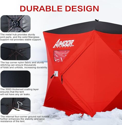 Aimdorarchery 3 to 4 Person Ice Fishing Shelter-Waterproof Oxford Fabric 300D Portable Pop-Up Ice Fishing Angler Hub Shelter Tent with 2 Doors for Outdoor Fishing Tent Lowest Temps, Red in Kuwait
