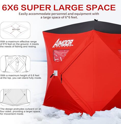 Aimdorarchery 3 to 4 Person Ice Fishing Shelter-Waterproof Oxford Fabric 300D Portable Pop-Up Ice Fishing Angler Hub Shelter Tent with 2 Doors for Outdoor Fishing Tent Lowest Temps, Red in Kuwait