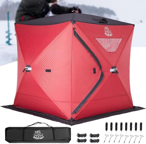 DEERFAMY 3-Layer Ice Fishing Shelter قطن مملوء، 3/4/5/6/7/8 شخص خيمة صيد الجليد، خيمة معزولة من الأكواخ الثلجية مع حقيبة حمل، مراسي ثلج، أحمر/أزرق in Kuwait