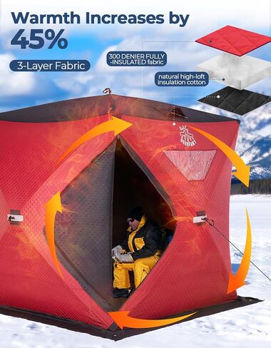 DEERFAMY 3-Layer Ice Fishing Shelter قطن مملوء، 3/4/5/6/7/8 شخص خيمة صيد الجليد، خيمة معزولة من الأكواخ الثلجية مع حقيبة حمل، مراسي ثلج، أحمر/أزرق in Kuwait