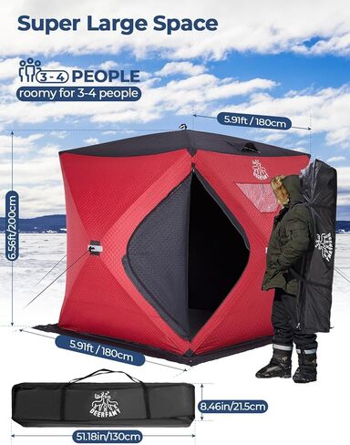 DEERFAMY 3-Layer Ice Fishing Shelter قطن مملوء، 3/4/5/6/7/8 شخص خيمة صيد الجليد، خيمة معزولة من الأكواخ الثلجية مع حقيبة حمل، مراسي ثلج، أحمر/أزرق in Kuwait