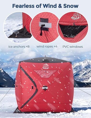 DEERFAMY 3-Layer Ice Fishing Shelter قطن مملوء، 3/4/5/6/7/8 شخص خيمة صيد الجليد، خيمة معزولة من الأكواخ الثلجية مع حقيبة حمل، مراسي ثلج، أحمر/أزرق in Kuwait