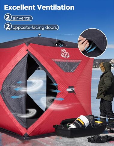DEERFAMY 3-Layer Ice Fishing Shelter قطن مملوء، 3/4/5/6/7/8 شخص خيمة صيد الجليد، خيمة معزولة من الأكواخ الثلجية مع حقيبة حمل، مراسي ثلج، أحمر/أزرق in Kuwait