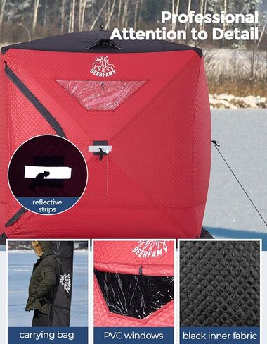 DEERFAMY 3-Layer Ice Fishing Shelter قطن مملوء، 3/4/5/6/7/8 شخص خيمة صيد الجليد، خيمة معزولة من الأكواخ الثلجية مع حقيبة حمل، مراسي ثلج، أحمر/أزرق in Kuwait