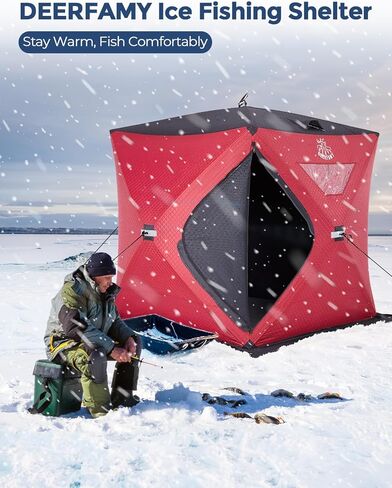 DEERFAMY 3-Layer Ice Fishing Shelter قطن مملوء، 3/4/5/6/7/8 شخص خيمة صيد الجليد، خيمة معزولة من الأكواخ الثلجية مع حقيبة حمل، مراسي ثلج، أحمر/أزرق in Kuwait