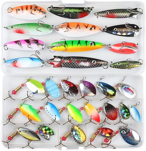 EXAURAFELIS 10/30pcs Fishing Lure Spinnerbait with Feathered Treble Hooks Rooster Tail Fishing Lures Spoon Lures for Bass Salmon Trout Spinner Baits with Tackle Box in Kuwait