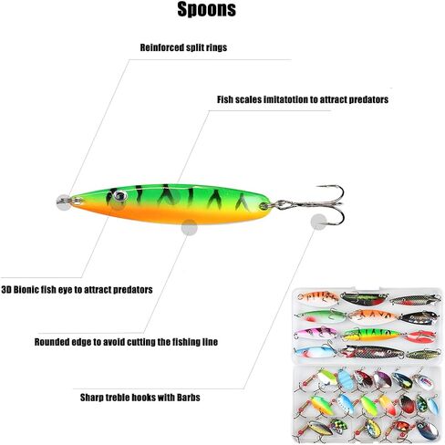 EXAURAFELIS 10/30pcs Fishing Lure Spinnerbait with Feathered Treble Hooks Rooster Tail Fishing Lures Spoon Lures for Bass Salmon Trout Spinner Baits with Tackle Box in Kuwait
