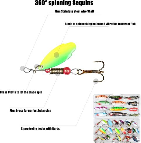 EXAURAFELIS 10/30pcs Fishing Lure Spinnerbait with Feathered Treble Hooks Rooster Tail Fishing Lures Spoon Lures for Bass Salmon Trout Spinner Baits with Tackle Box in Kuwait