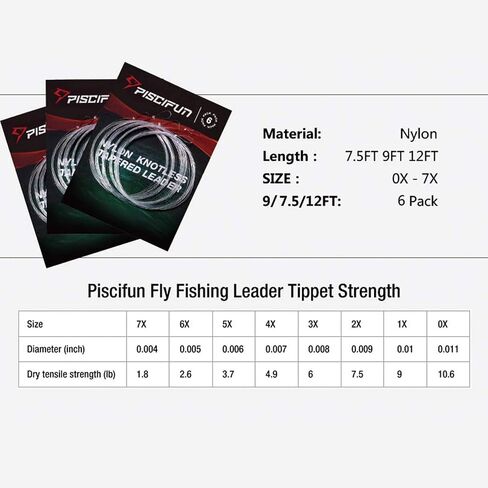 Piscifun Fly Fishing Leader with Pre-Tied Loop, Tapered Fly Line Leader, Nylon, Clear, 6 Pack, 7.5FT, 9FT, 12FT, 0X 1X 2X 3X 4X 5X 6X 7X in Saudi Arabia