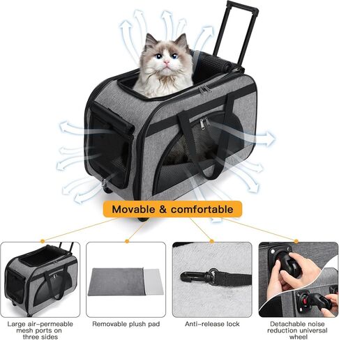 حامل قطط كبير متدحرج مع عجلات، حقيبة سفر قابلة للطي للكلاب الأليفة الصغيرة مع عجلات بكرات، حامل للقطط يصل وزنها إلى 35 رطلاً/جرو كلب أقل من 16 رطلاً (حجم كبير، ليس للطائرة) (L2) in Kuwait