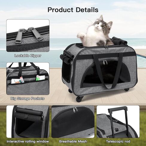 حامل قطط كبير متدحرج مع عجلات، حقيبة سفر قابلة للطي للكلاب الأليفة الصغيرة مع عجلات بكرات، حامل للقطط يصل وزنها إلى 35 رطلاً/جرو كلب أقل من 16 رطلاً (حجم كبير، ليس للطائرة) (L2) in Kuwait