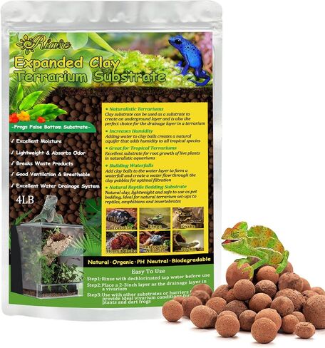 ركيزة طينية موسعة من Riare سعة 2 رطل للزواحف - 100% حصى طينية عضوية خفيفة الوزن ركيزة سفلية زائفة، ركيزة تررم نشطة بيولوجيًا للتصريف والرطوبة in Kuwait