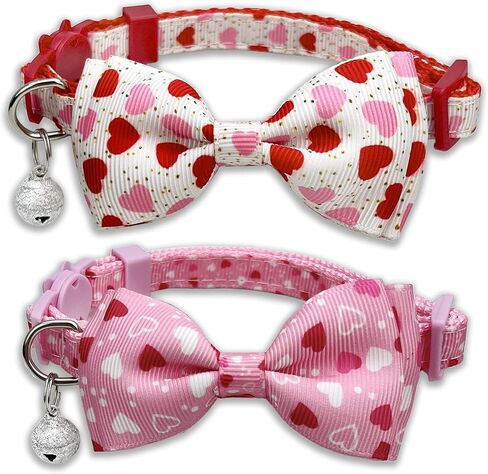2 Pack Valentine Kitty Kitten Collar with Bow Tie, Holiday Heart Collar with Bell for Boys and Girls Male Female Cats (Pattern 1) in Kuwait