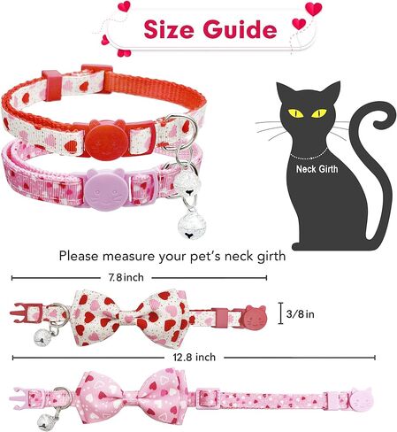 2 Pack Valentine Kitty Kitten Collar with Bow Tie, Holiday Heart Collar with Bell for Boys and Girls Male Female Cats (Pattern 1) in Kuwait