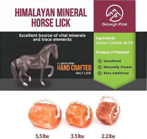 Glowyn Pink Himalayan Salt Lick - Large Natural Mineral Block on Rope for Horses, Cattle, Live Stock, Deer – Long Lasting - 9.5lbs. to 11.0lbs. - Great for Using as a Bait for Deer Hunting in Kuwait
