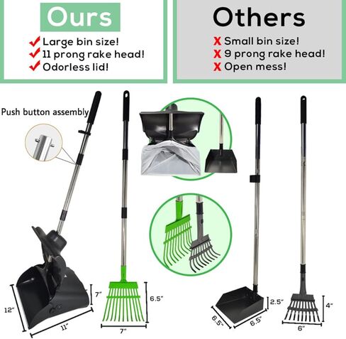 Hygena Scoop Pooper Scooper XL Large Odor Blocking Swivel Bin & Long Handle Stainless Steel Poles Rake Large Bag for Clean Pet Waste Removal in Kuwait