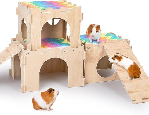 Unicorn Catcher 2 Pack Wooden Guinea Pig Hideout House with Stairs & Mats in Kuwait