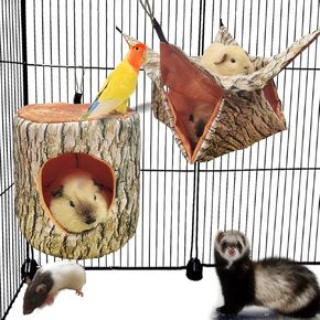 EAEDMY Guinea Pig Rat Ferret Tree Hole Bed and Hammock Tunnel, Ferret Hanging Bunk Bed Hammock, Parrot Bird Tree Hole, Small Animals Hideout and Soft Bed (4.Hammock)