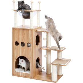 Made4Pets Modern Cat Tree for Large Cat, Wood Cat Tower Heavy Duty with Scratch Post for Indoor Big Cats, 51" Extra Tall Cat Condo Sturdy Frisco Castle with Clear Bowl for Kittens Maine Coon 20Lbs