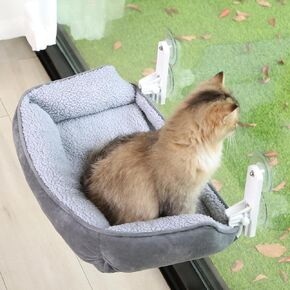 Zakkart Foldable Cat Hammock for Window with Bolster - Cordless, Three-Side Bolstered Machine Washable Fluffy Bed, Robust Metal Frame - Cat Window Perch for Large Cats and Kittens - Brown/White