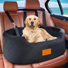 Dog Car Seat for Large/Medium Dog, Pet Car Seat for Dogs Under 55 lbs or 2 Small Dogs, Upgraded Dog Booster Seat, Detachable & Washable Travel Bed Dog Seat with Thick Cushion, 2 Safety Leashes (Black)