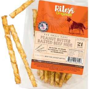 Riley's Peanut Butter Beef Hide Dog Treats, USA Sourced & Made Medium Dog Treats, Chew Sticks, Raw Hides for Small Dogs, Rawhide Sticks for Dogs 12 ct