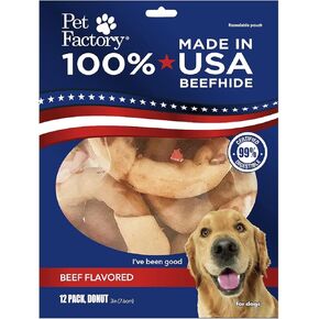 Pet Factory 100% Made in USA Beefhide 3" Donuts Dog Chew Treats - Chicken Flavor, 12 Count/1 Pack