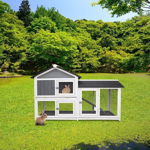 Lifeand 61''L Deluxe Multi-Level Rabbit Hutch with Pull Out Tray, Ramp, Lockable Doors,Wooden Small Animal House,Outdoor or Indoor,Gray+White… in Kuwait
