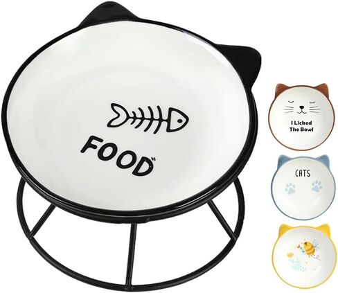 أوعية القطط للقطط الداخلية، وعاء القطط المرتفع مع حامل معدني، طبق سيراميك مرتفع للقطط، مناسب للحيوانات الأليفة لإطعام الحيوانات الأليفة أو طعام القطط والقطط والجراء والكلاب الصغيرة، آمن للاستخدام في غسالة الأطباق، عظم السمك in Kuwait