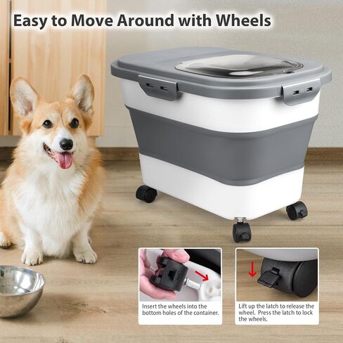 Viretec Dog Food Storage Container, 5-20lb Collapsible Airtight Pet Food Container with Attachable Casters, Flip-top and Scooper for Dog Cat Bird and Other Pet Food Storage, Dry Food Containers Pink in Saudi Arabia