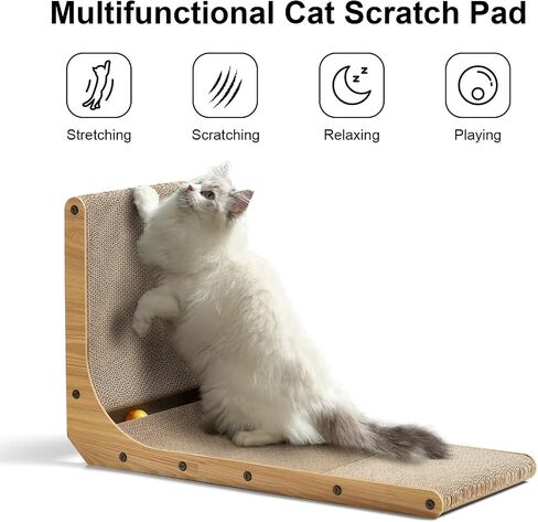 FUKUMARU Cat Scratcher، 18.7 بوصة L على شكل لوحة خدش للقطط مثبتة على الحائط، ورق مقوى لخدش القطط مع لعبة كرة للقطط الداخلية، حجم متوسط in Kuwait