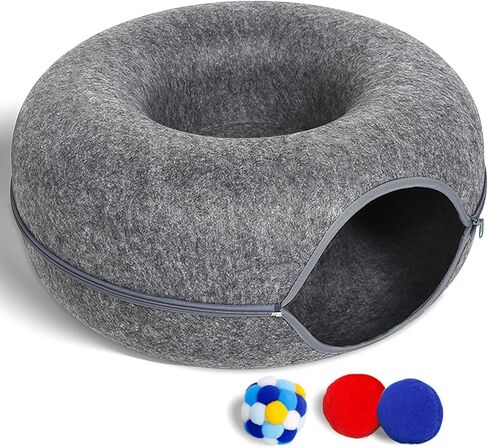 Large Cat Tunnel Bed for Indoor Cats with 3 Toys, Scratch Resistant Donut Cat Bed, Up to 30 Lbs (L 24x24x11, Dark Grey) in Saudi Arabia