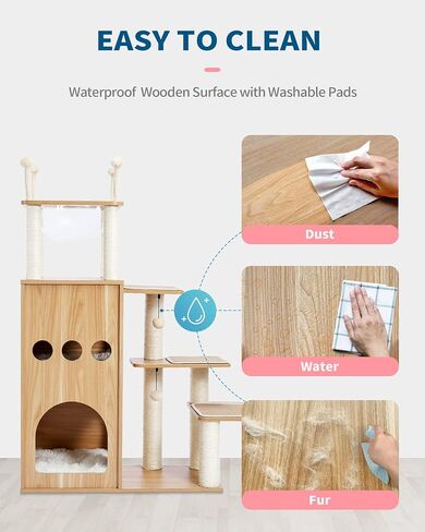 Made4Pets Modern Cat Tree for Large Cat, Wood Cat Tower Heavy Duty with Scratch Post for Indoor Big Cats, 51" Extra Tall Cat Condo Sturdy Frisco Castle with Clear Bowl for Kittens Maine Coon 20Lbs in Saudi Arabia